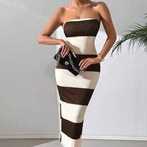 Women's Striped Knit Long Tube Dress, Off Shoulder Ribbed Strapless Color Block